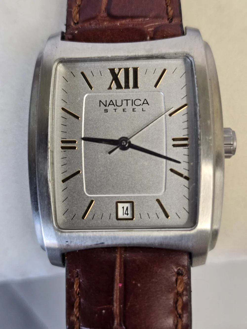 Nautica Steel Y2K Silver Dial Watch with Brown Leather Strap